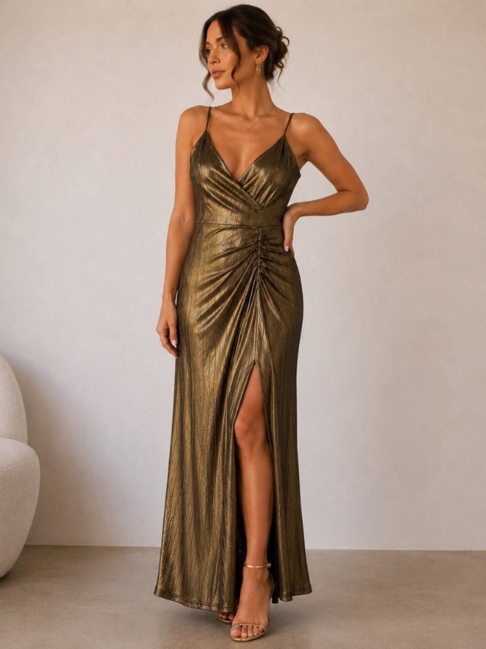 Forever 21 Metallic Gold Bronze Maxi Dress S Ruched Slit Y2K Evening Gown